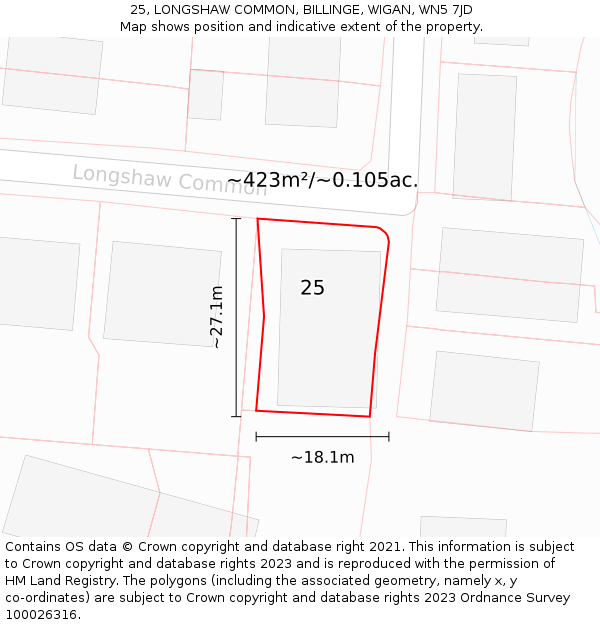 25, LONGSHAW COMMON, BILLINGE, WIGAN, WN5 7JD: Plot and title map