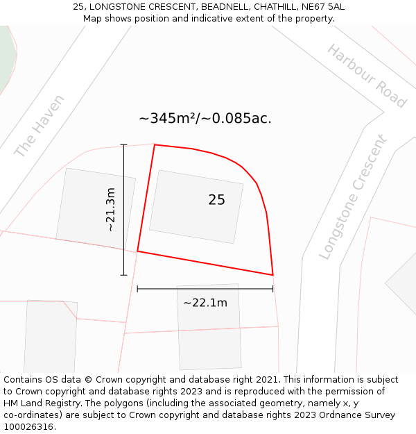25, LONGSTONE CRESCENT, BEADNELL, CHATHILL, NE67 5AL: Plot and title map