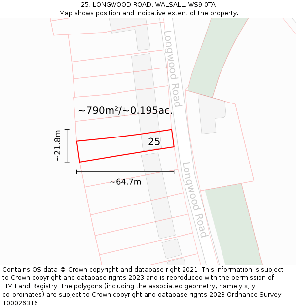 25, LONGWOOD ROAD, WALSALL, WS9 0TA: Plot and title map