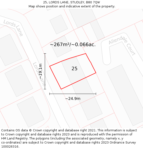 25, LORDS LANE, STUDLEY, B80 7QW: Plot and title map