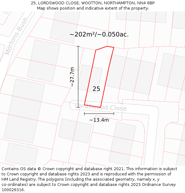 25, LORDSWOOD CLOSE, WOOTTON, NORTHAMPTON, NN4 6BP: Plot and title map