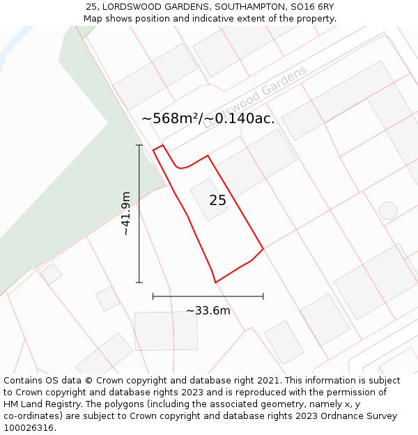 25, LORDSWOOD GARDENS, SOUTHAMPTON, SO16 6RY: Plot and title map