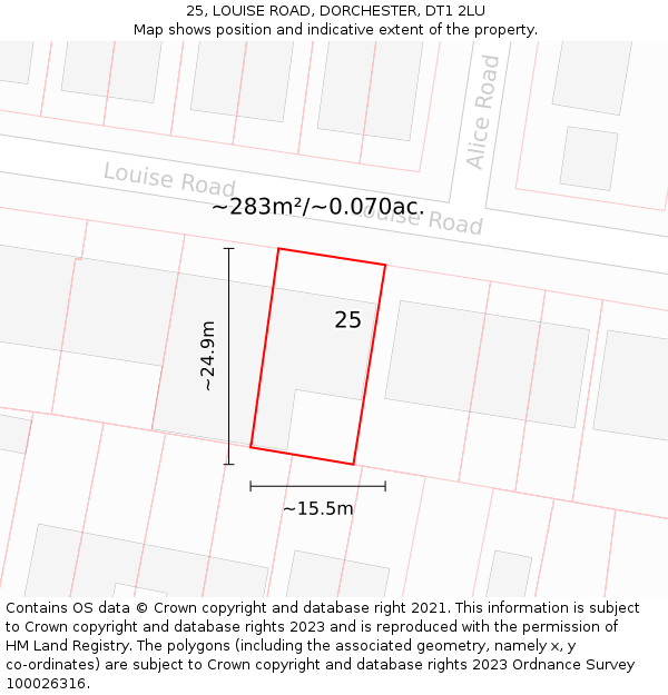 25, LOUISE ROAD, DORCHESTER, DT1 2LU: Plot and title map