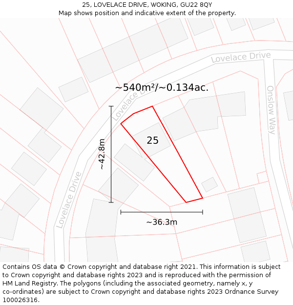 25, LOVELACE DRIVE, WOKING, GU22 8QY: Plot and title map