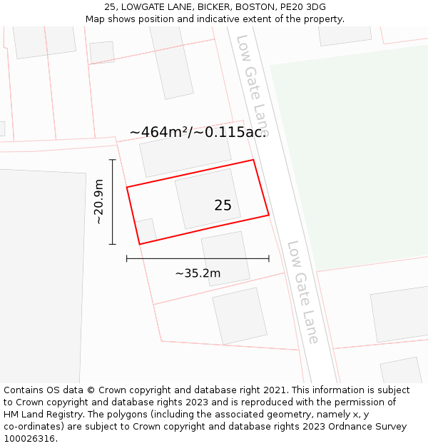 25, LOWGATE LANE, BICKER, BOSTON, PE20 3DG: Plot and title map