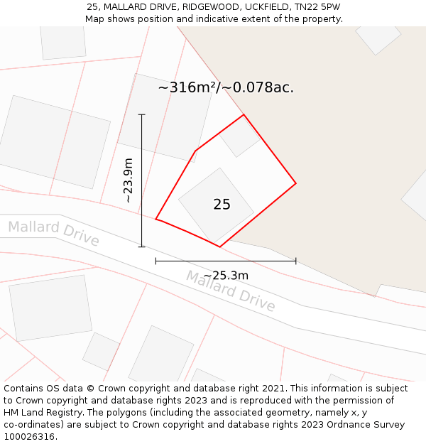 25, MALLARD DRIVE, RIDGEWOOD, UCKFIELD, TN22 5PW: Plot and title map
