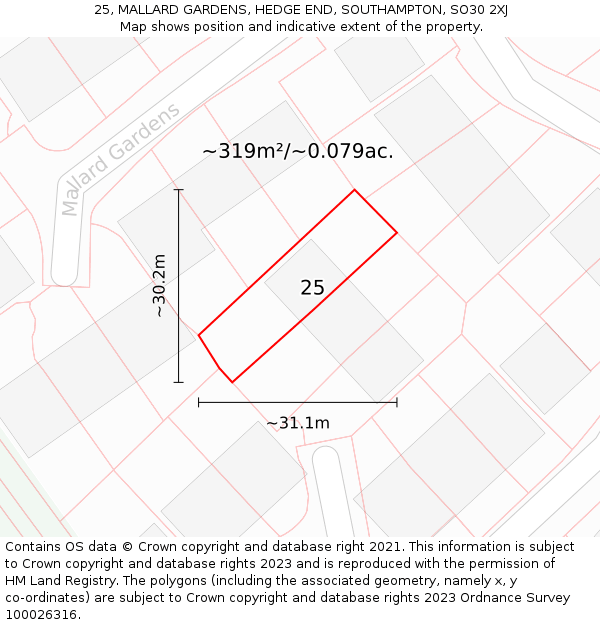 25, MALLARD GARDENS, HEDGE END, SOUTHAMPTON, SO30 2XJ: Plot and title map