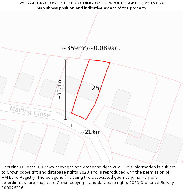 25, MALTING CLOSE, STOKE GOLDINGTON, NEWPORT PAGNELL, MK16 8NX: Plot and title map