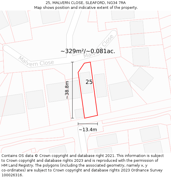 25, MALVERN CLOSE, SLEAFORD, NG34 7RA: Plot and title map