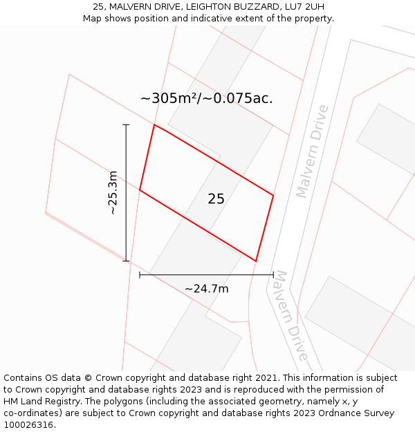 25, MALVERN DRIVE, LEIGHTON BUZZARD, LU7 2UH: Plot and title map