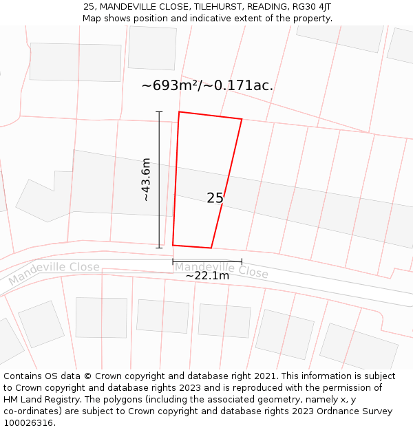 25, MANDEVILLE CLOSE, TILEHURST, READING, RG30 4JT: Plot and title map