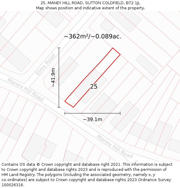25, MANEY HILL ROAD, SUTTON COLDFIELD, B72 1JL: Plot and title map