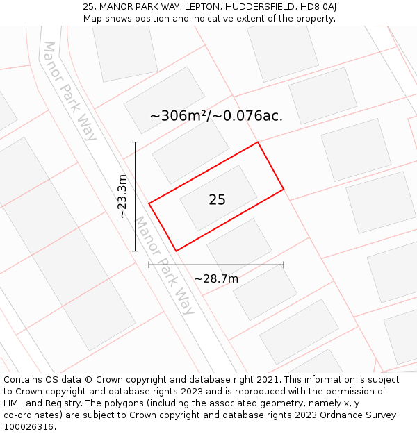 25, MANOR PARK WAY, LEPTON, HUDDERSFIELD, HD8 0AJ: Plot and title map