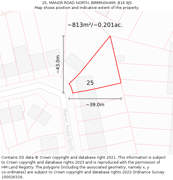 25, MANOR ROAD NORTH, BIRMINGHAM, B16 9JS: Plot and title map