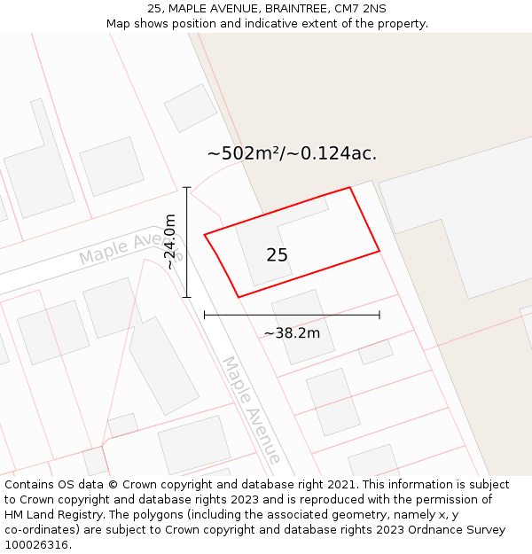 25, MAPLE AVENUE, BRAINTREE, CM7 2NS: Plot and title map