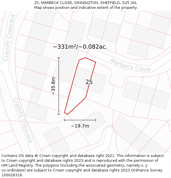 25, MARBECK CLOSE, DINNINGTON, SHEFFIELD, S25 2XL: Plot and title map