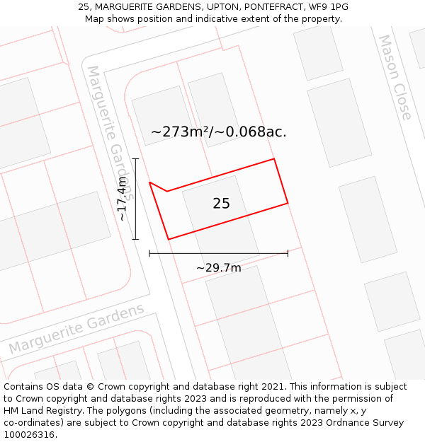 25, MARGUERITE GARDENS, UPTON, PONTEFRACT, WF9 1PG: Plot and title map