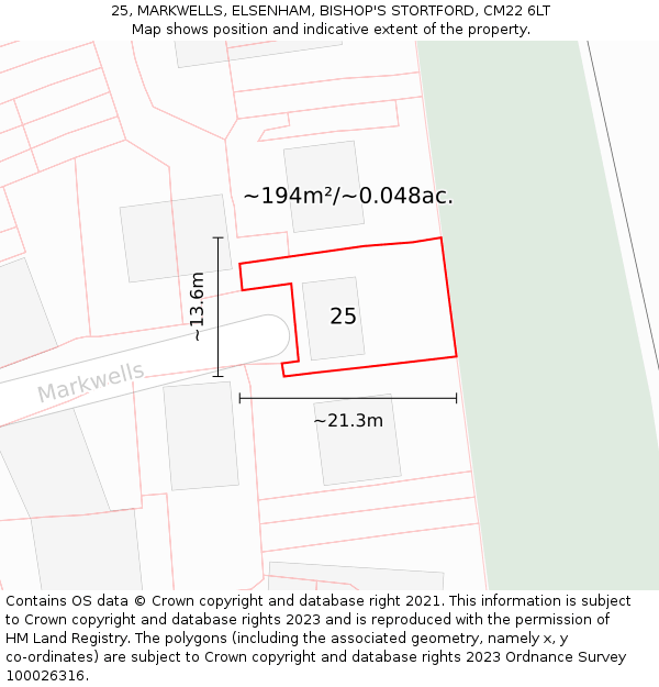 25, MARKWELLS, ELSENHAM, BISHOP'S STORTFORD, CM22 6LT: Plot and title map