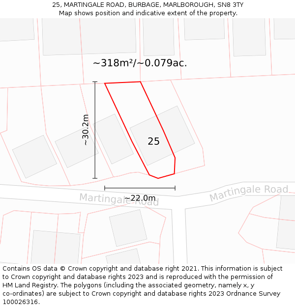 25, MARTINGALE ROAD, BURBAGE, MARLBOROUGH, SN8 3TY: Plot and title map