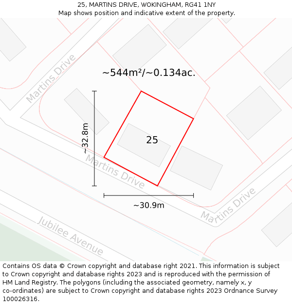 25, MARTINS DRIVE, WOKINGHAM, RG41 1NY: Plot and title map
