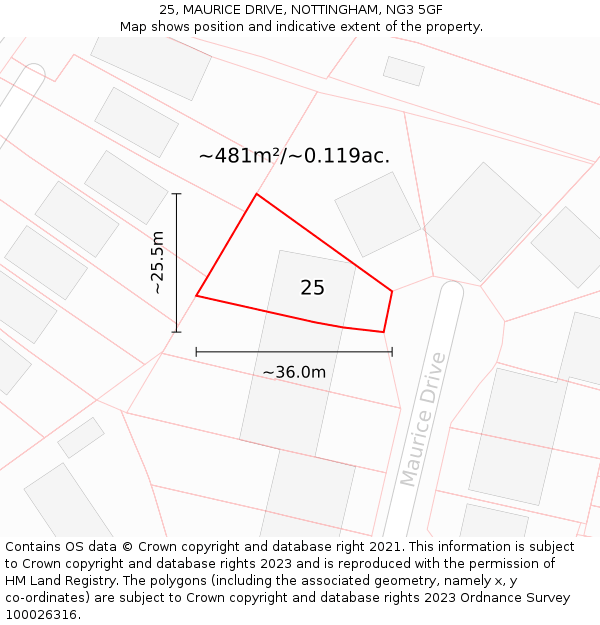 25, MAURICE DRIVE, NOTTINGHAM, NG3 5GF: Plot and title map