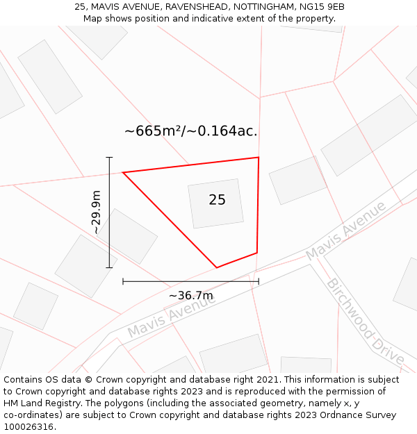 25, MAVIS AVENUE, RAVENSHEAD, NOTTINGHAM, NG15 9EB: Plot and title map