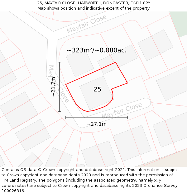 25, MAYFAIR CLOSE, HARWORTH, DONCASTER, DN11 8PY: Plot and title map