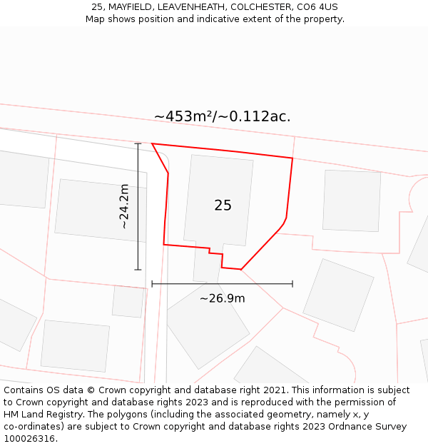 25, MAYFIELD, LEAVENHEATH, COLCHESTER, CO6 4US: Plot and title map