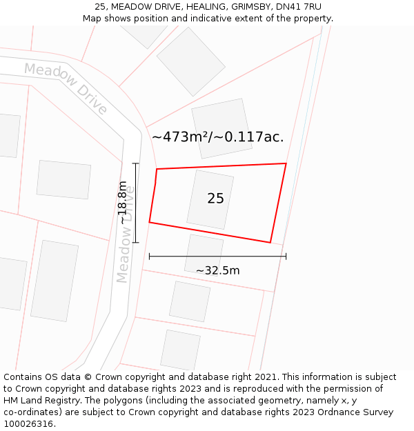 25, MEADOW DRIVE, HEALING, GRIMSBY, DN41 7RU: Plot and title map