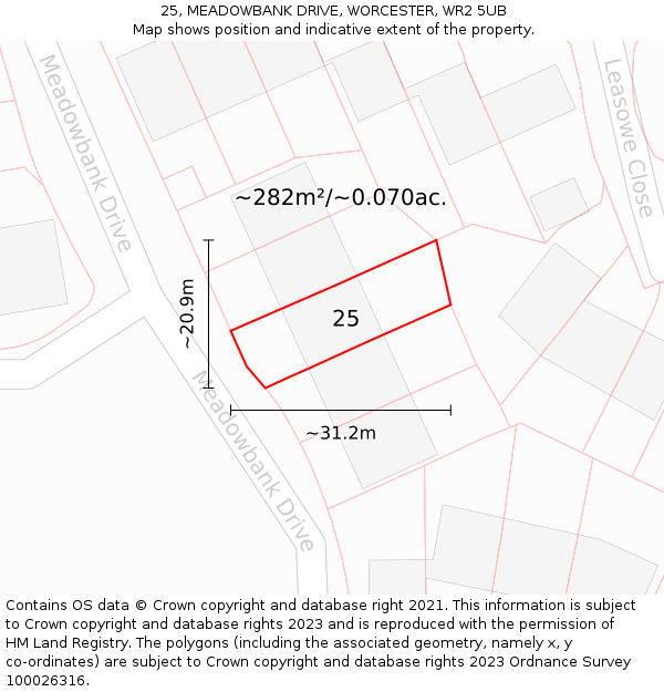 25, MEADOWBANK DRIVE, WORCESTER, WR2 5UB: Plot and title map