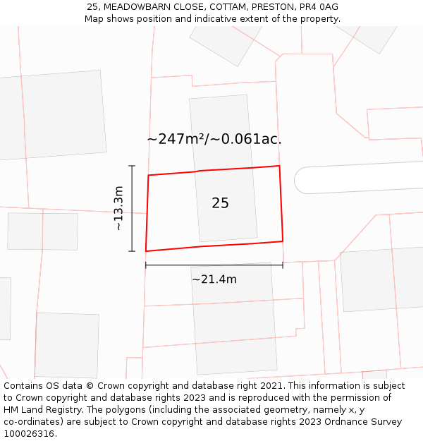 25, MEADOWBARN CLOSE, COTTAM, PRESTON, PR4 0AG: Plot and title map