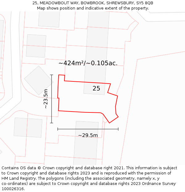 25, MEADOWBOUT WAY, BOWBROOK, SHREWSBURY, SY5 8QB: Plot and title map