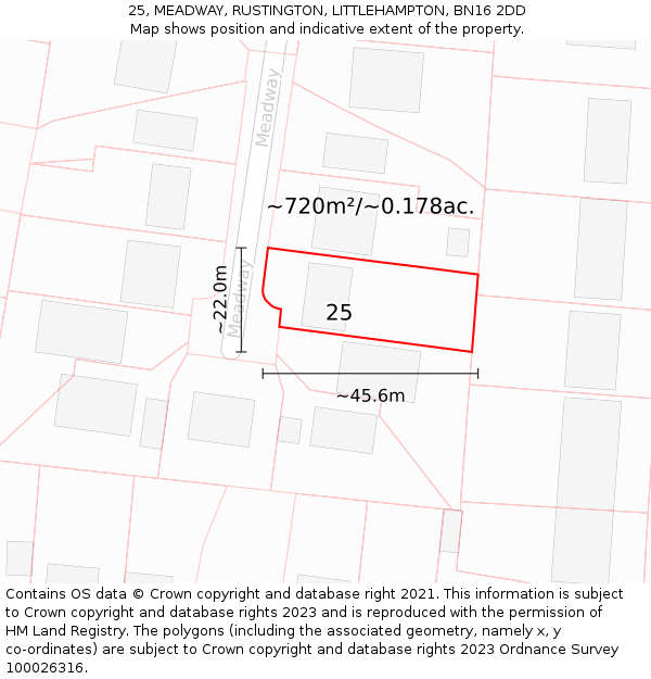 25, MEADWAY, RUSTINGTON, LITTLEHAMPTON, BN16 2DD: Plot and title map