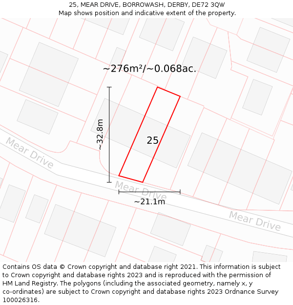 25, MEAR DRIVE, BORROWASH, DERBY, DE72 3QW: Plot and title map