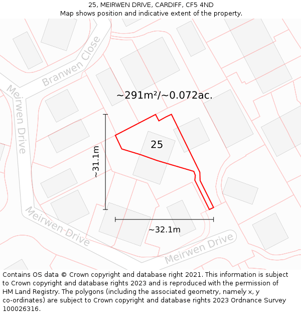 25, MEIRWEN DRIVE, CARDIFF, CF5 4ND: Plot and title map