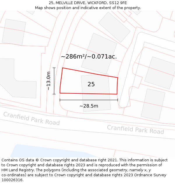 25, MELVILLE DRIVE, WICKFORD, SS12 9FE: Plot and title map