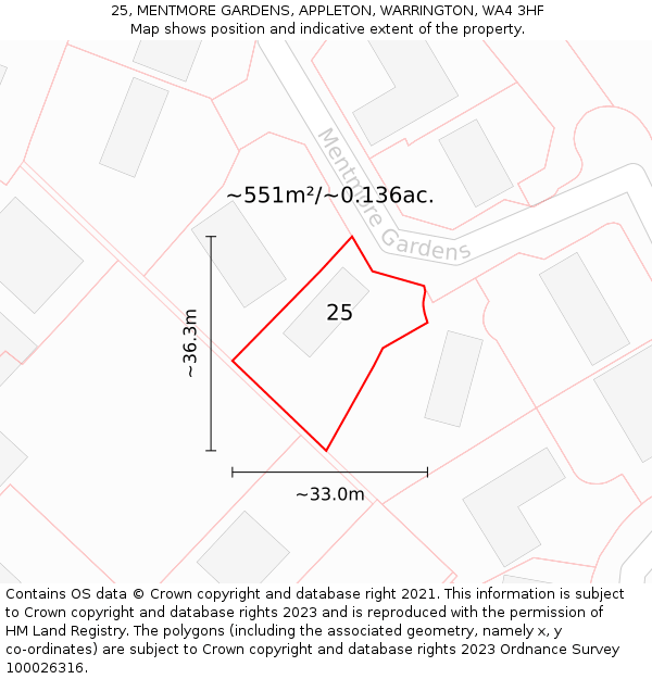 25, MENTMORE GARDENS, APPLETON, WARRINGTON, WA4 3HF: Plot and title map