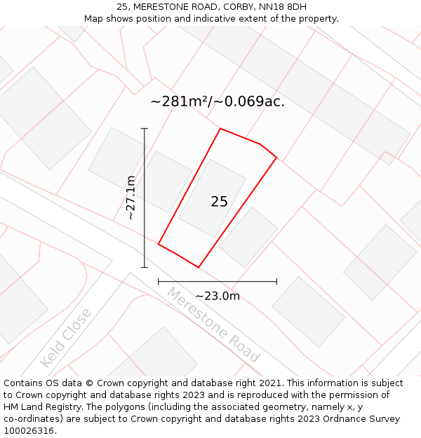 25, MERESTONE ROAD, CORBY, NN18 8DH: Plot and title map
