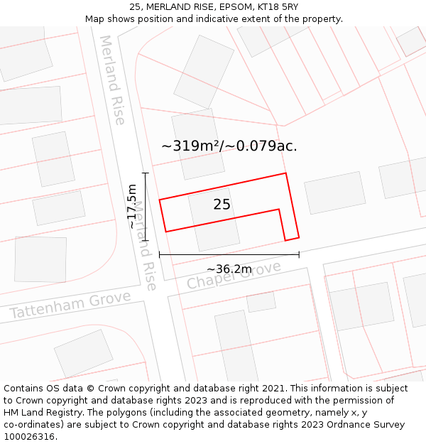 25, MERLAND RISE, EPSOM, KT18 5RY: Plot and title map