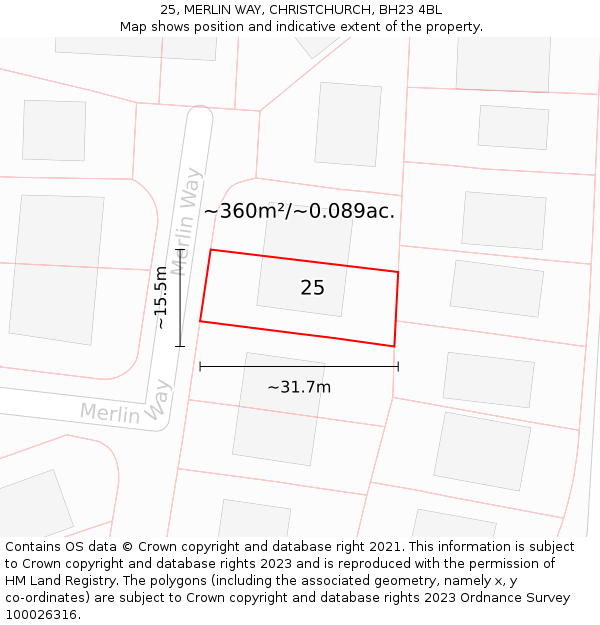 25, MERLIN WAY, CHRISTCHURCH, BH23 4BL: Plot and title map