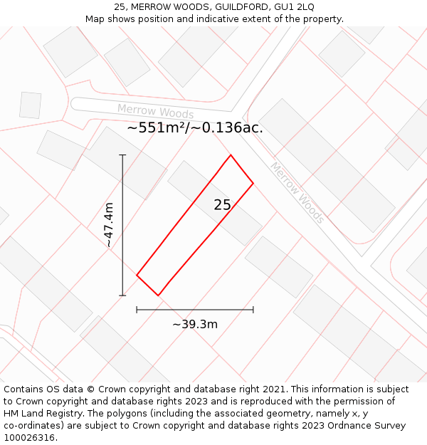 25, MERROW WOODS, GUILDFORD, GU1 2LQ: Plot and title map