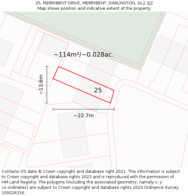 25, MERRYBENT DRIVE, MERRYBENT, DARLINGTON, DL2 2JZ: Plot and title map