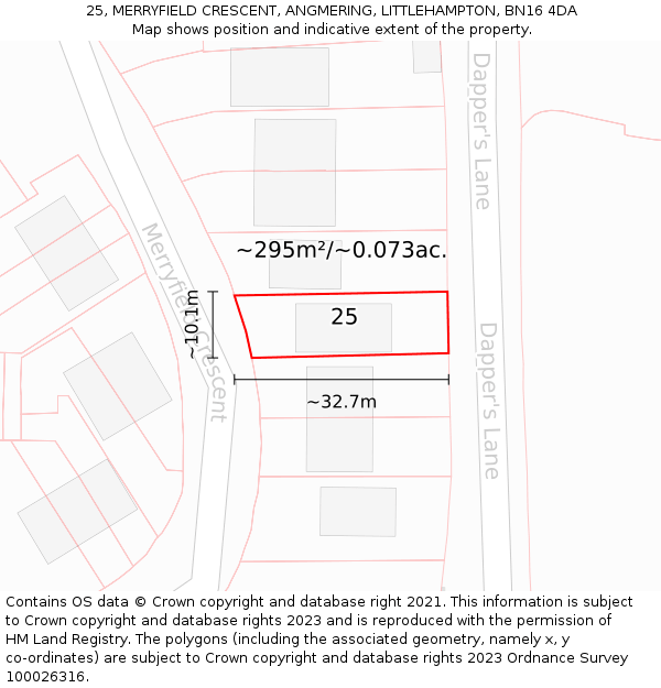 25, MERRYFIELD CRESCENT, ANGMERING, LITTLEHAMPTON, BN16 4DA: Plot and title map