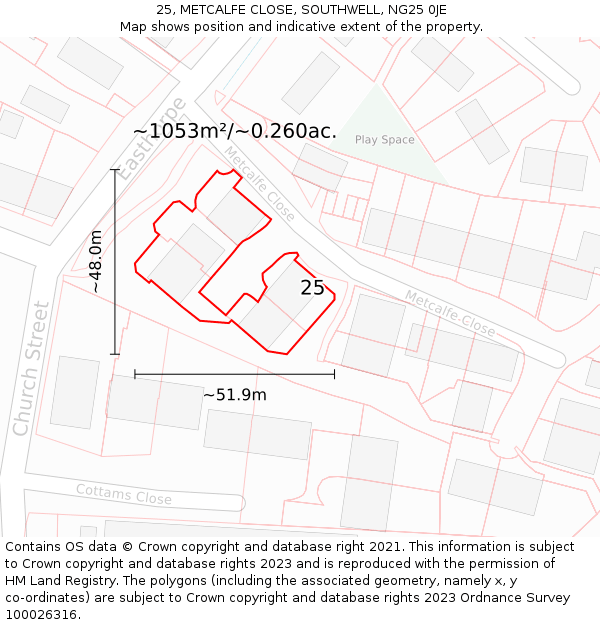 25, METCALFE CLOSE, SOUTHWELL, NG25 0JE: Plot and title map