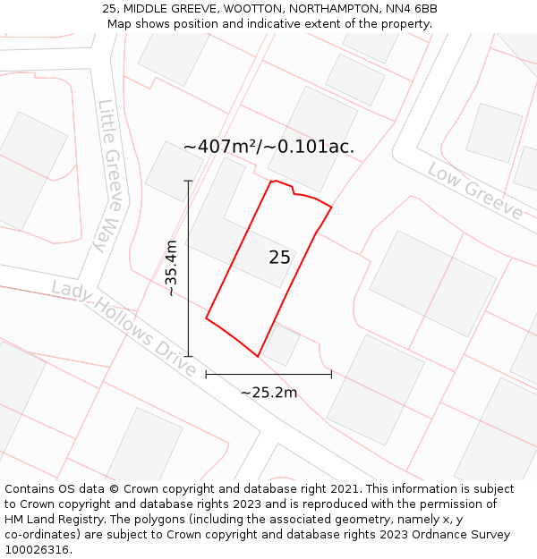 25, MIDDLE GREEVE, WOOTTON, NORTHAMPTON, NN4 6BB: Plot and title map