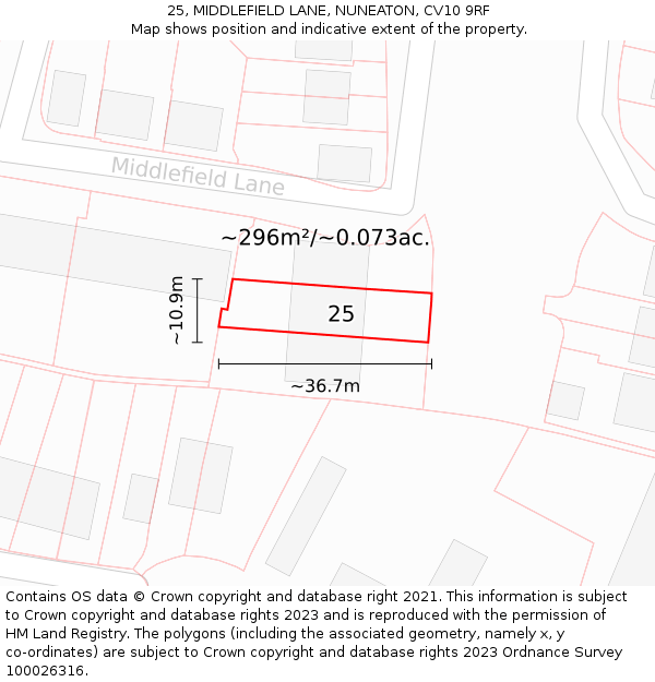25, MIDDLEFIELD LANE, NUNEATON, CV10 9RF: Plot and title map