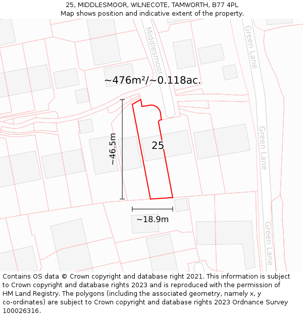 25, MIDDLESMOOR, WILNECOTE, TAMWORTH, B77 4PL: Plot and title map