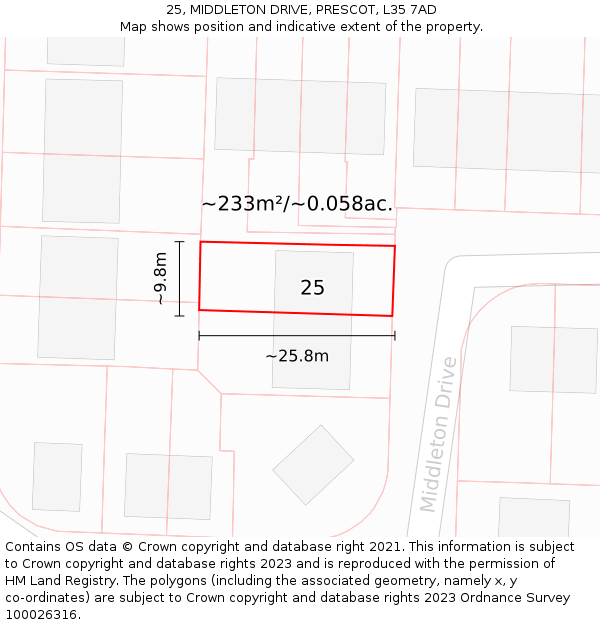 25, MIDDLETON DRIVE, PRESCOT, L35 7AD: Plot and title map