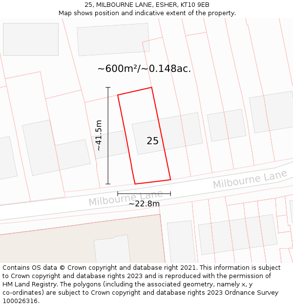 25, MILBOURNE LANE, ESHER, KT10 9EB: Plot and title map