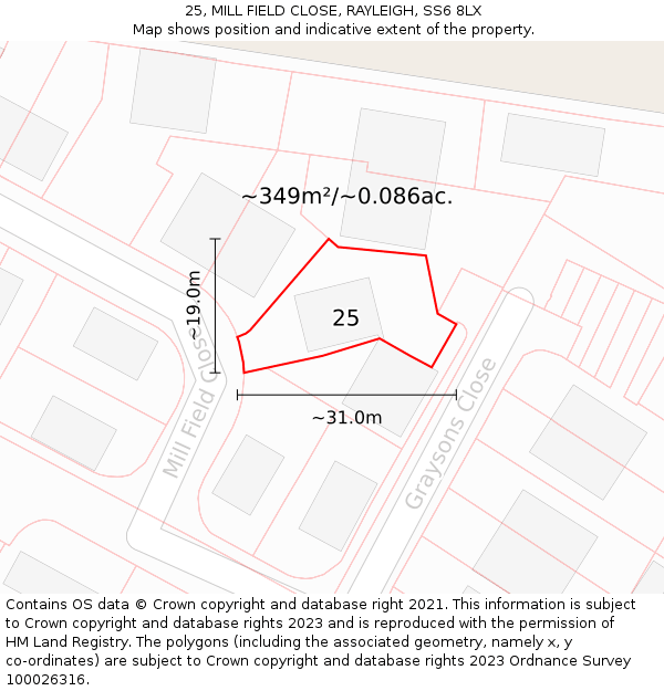 25, MILL FIELD CLOSE, RAYLEIGH, SS6 8LX: Plot and title map
